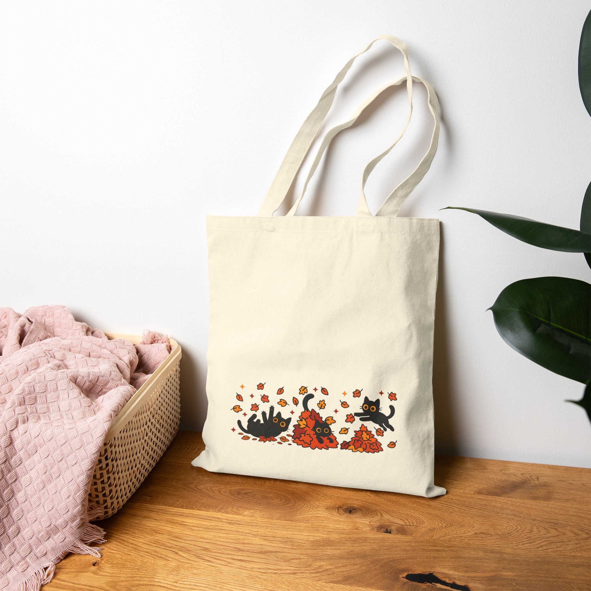 Cute Black Cats Playing in Autumn Leaves Double-Sided Cotton Canvas Tote Bag