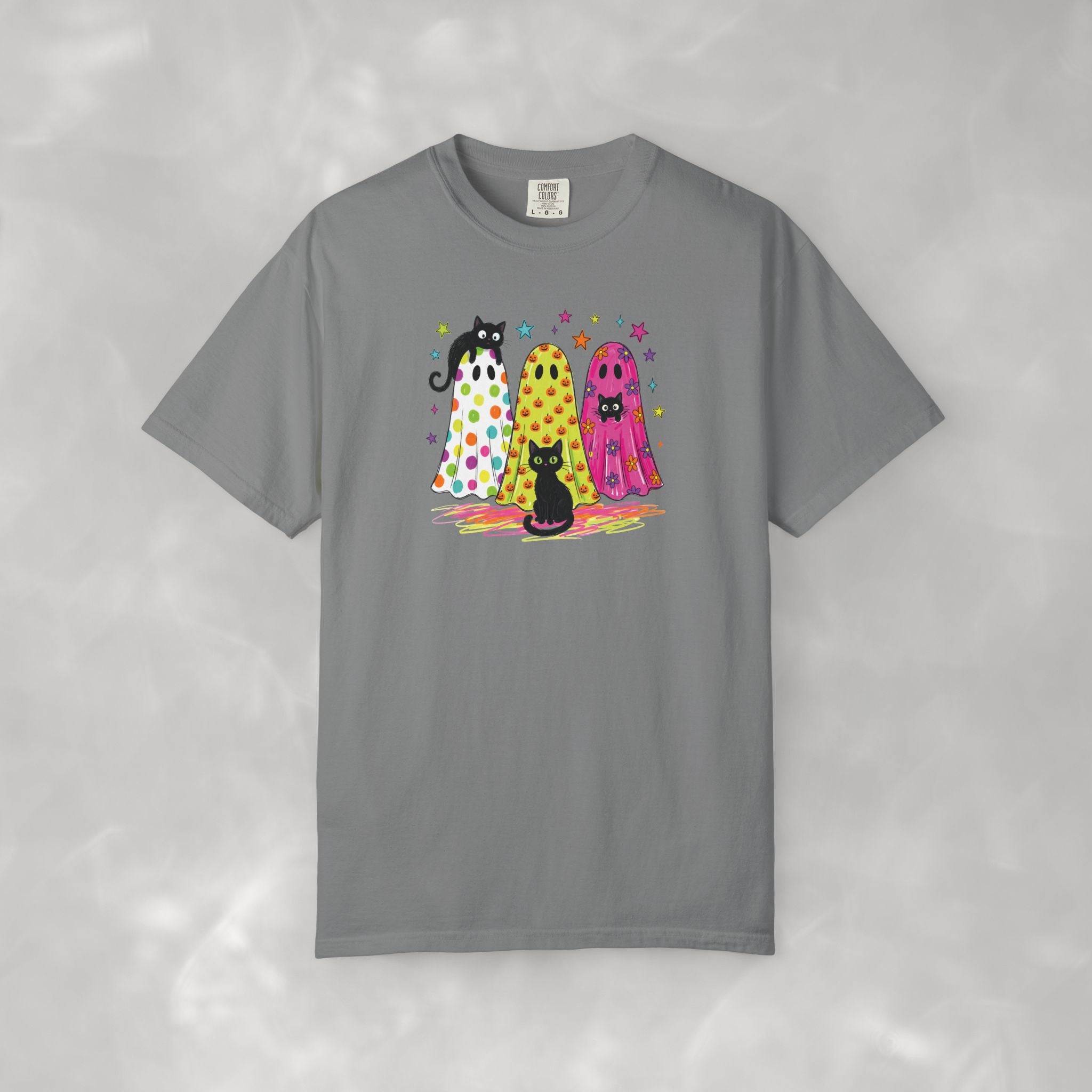Preppy, Girly, Cute Halloween Ghosts with Cats, Comfort Colors Tee