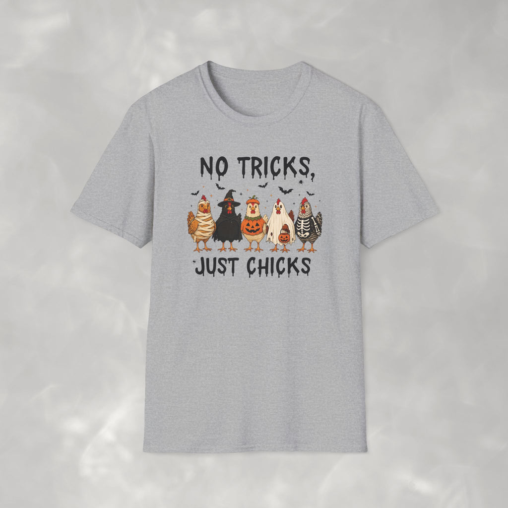 No Tricks Just Chicks, Funny Halloween Chickens in Costumes, Gildan Unisex Softstyle T-Shirt