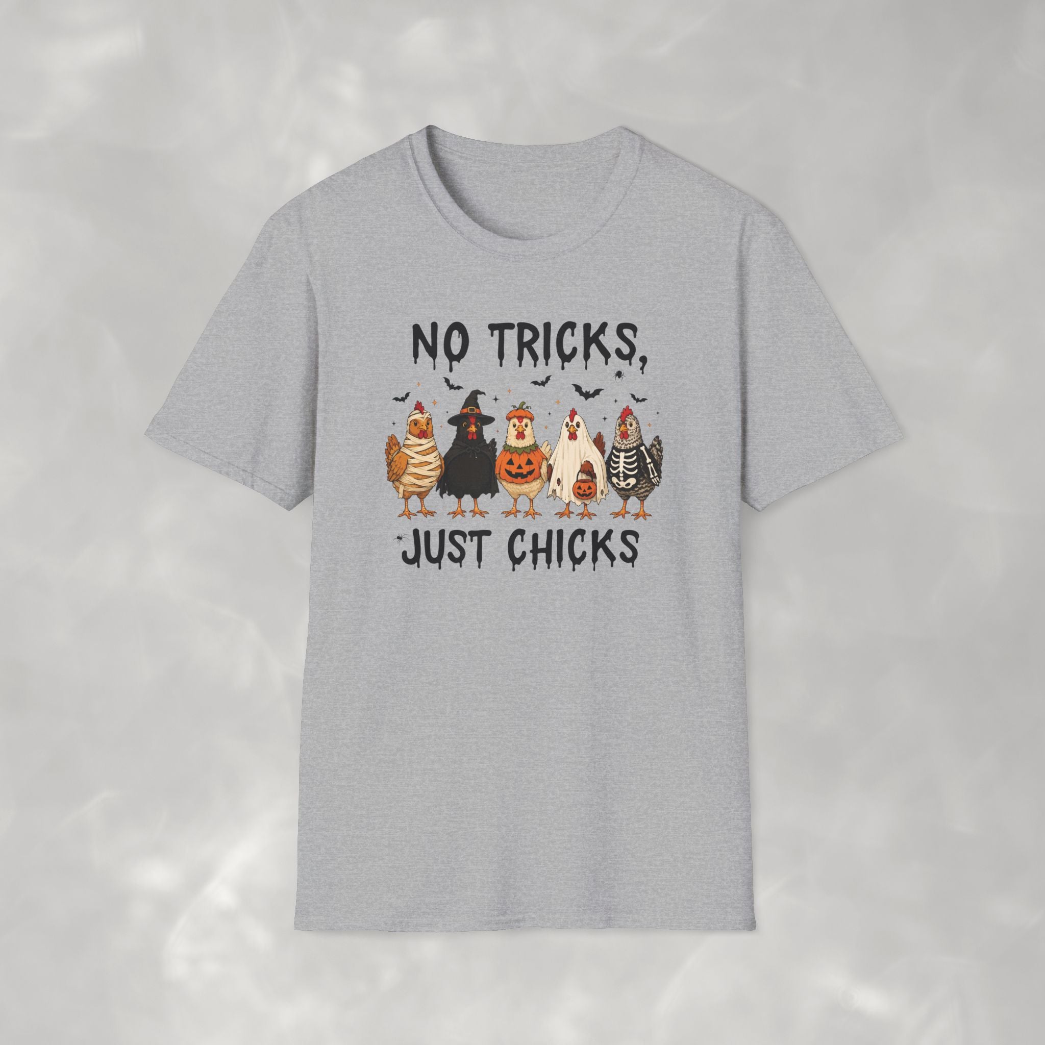 No Tricks Just Chicks, Funny Halloween Chickens in Costumes, Gildan Unisex Softstyle T-Shirt