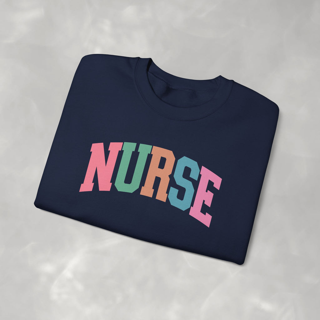 Colorful Fun Whimsical Varsity Nurse Gildan Unisex Heavy Blend™ Crewneck Sweatshirt for RN, LPN, GN, Student Nurse