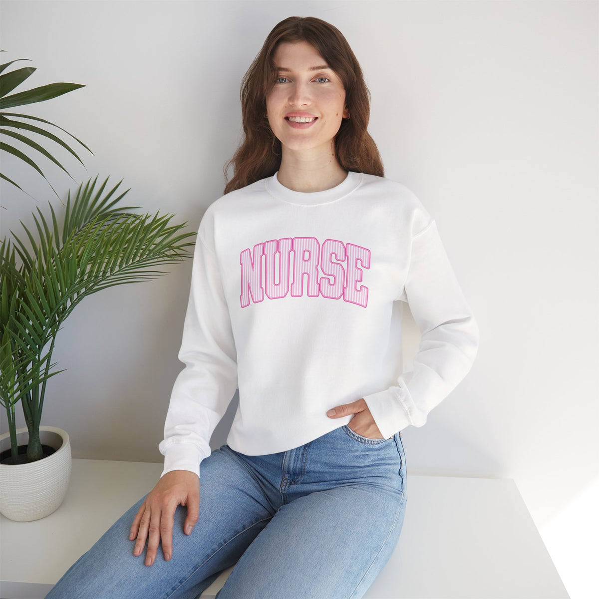 Pink Striped Varsity Nurse Gildan Unisex Heavy Blend™ Crewneck Sweatshirt for RN, LPN, GN, Student Nurse