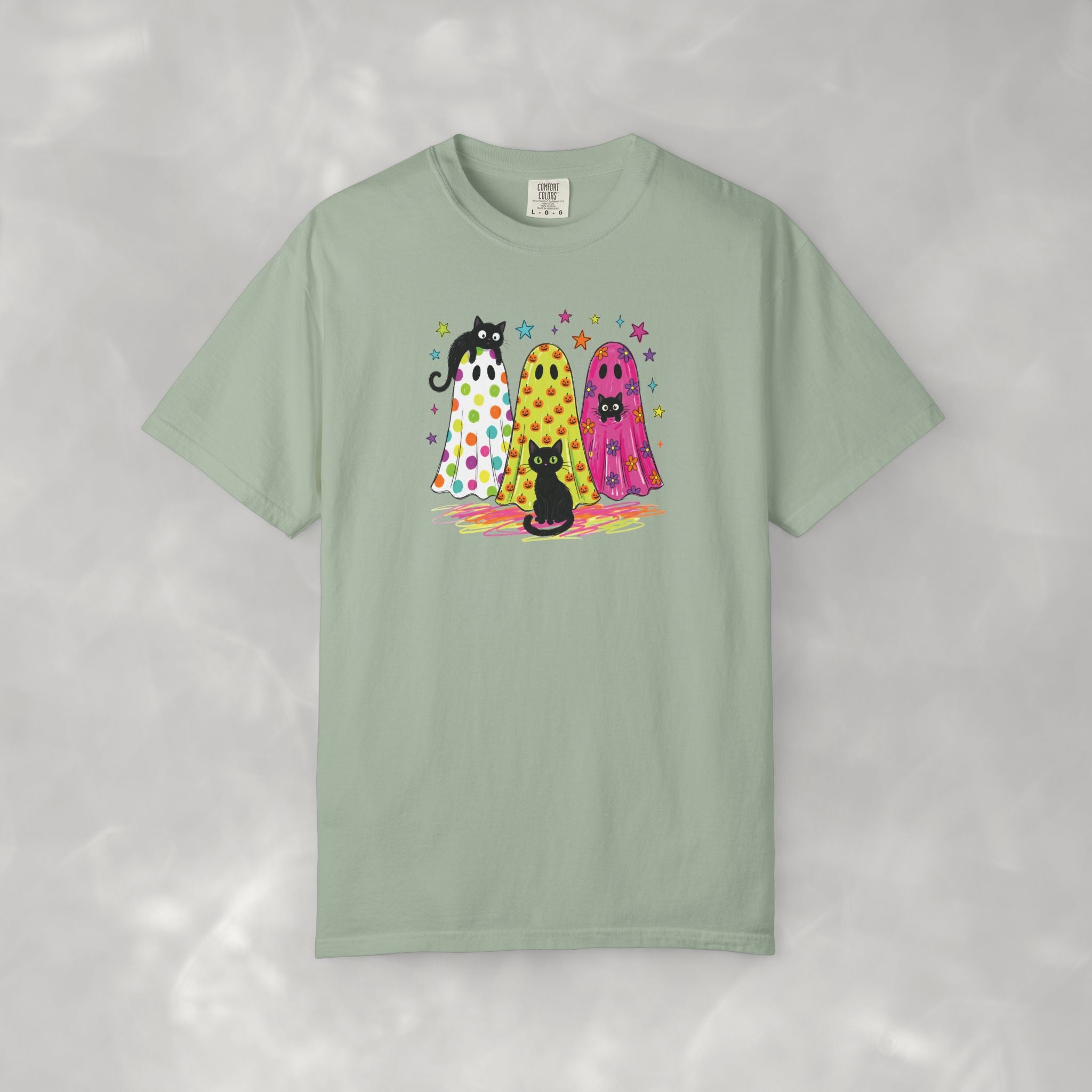 Preppy, Girly, Cute Halloween Ghosts with Cats, Comfort Colors Tee