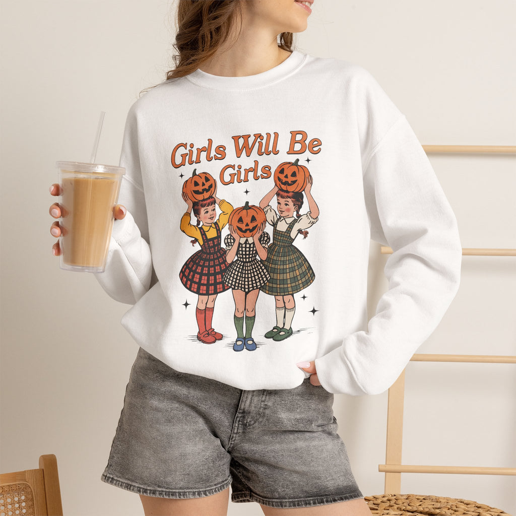 Girls Will Be Girls, Funny Retro Vintage Halloween, Unisex Heavy Blend™ Crewneck Sweatshirt