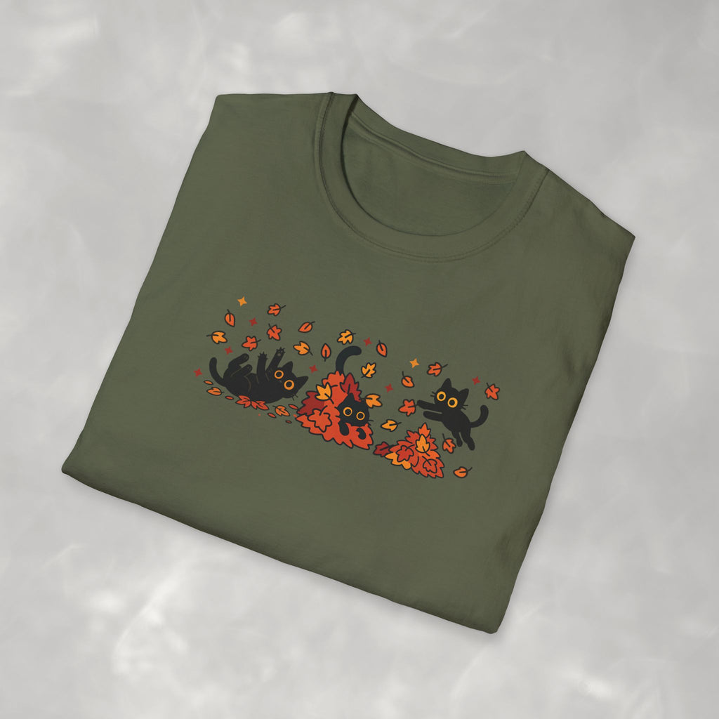 Black Cats Playing in Autum Leaves Gildan Unisex Softstyle T-Shirt
