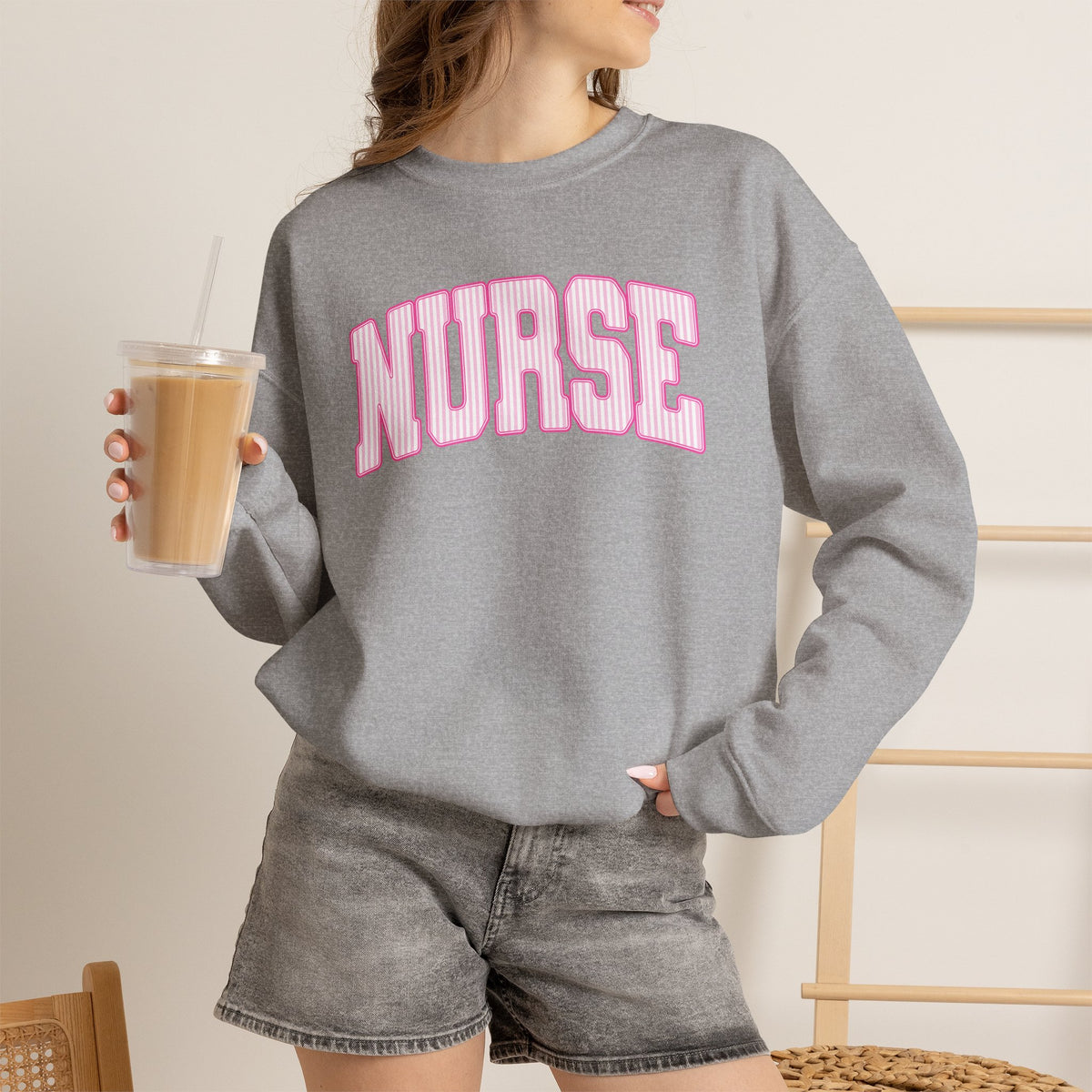 Pink Striped Varsity Nurse Gildan Unisex Heavy Blend™ Crewneck Sweatshirt for RN, LPN, GN, Student Nurse