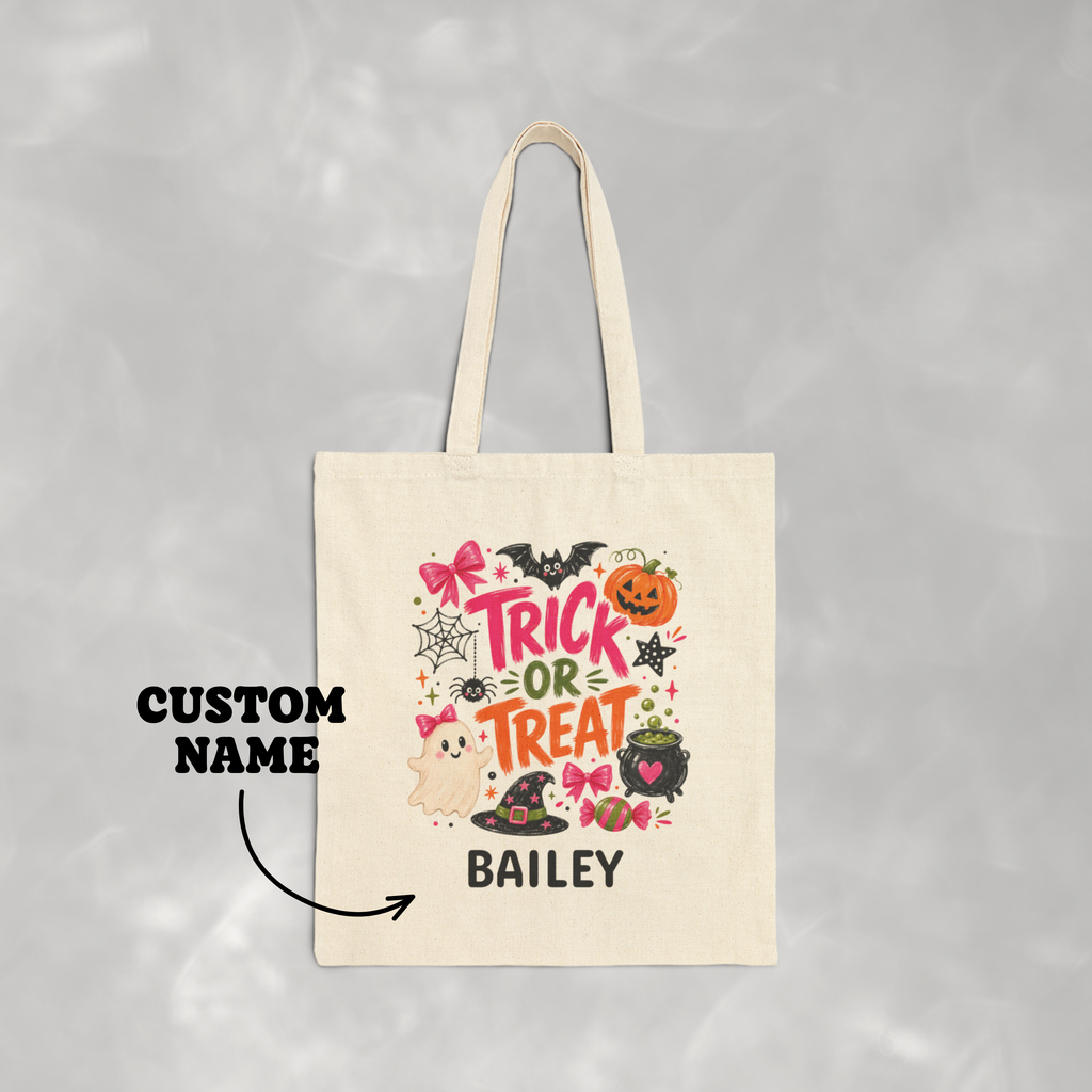 Personalized, Custom Trick-or-Treat, Halloween, Reusable Double-Sided Cotton Canvas Tote Bag for Girls