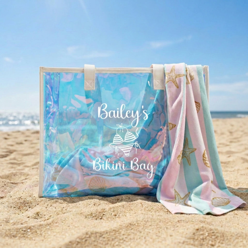 Personalized Holographic Bikini Bag, Custom Beach Tote Bag