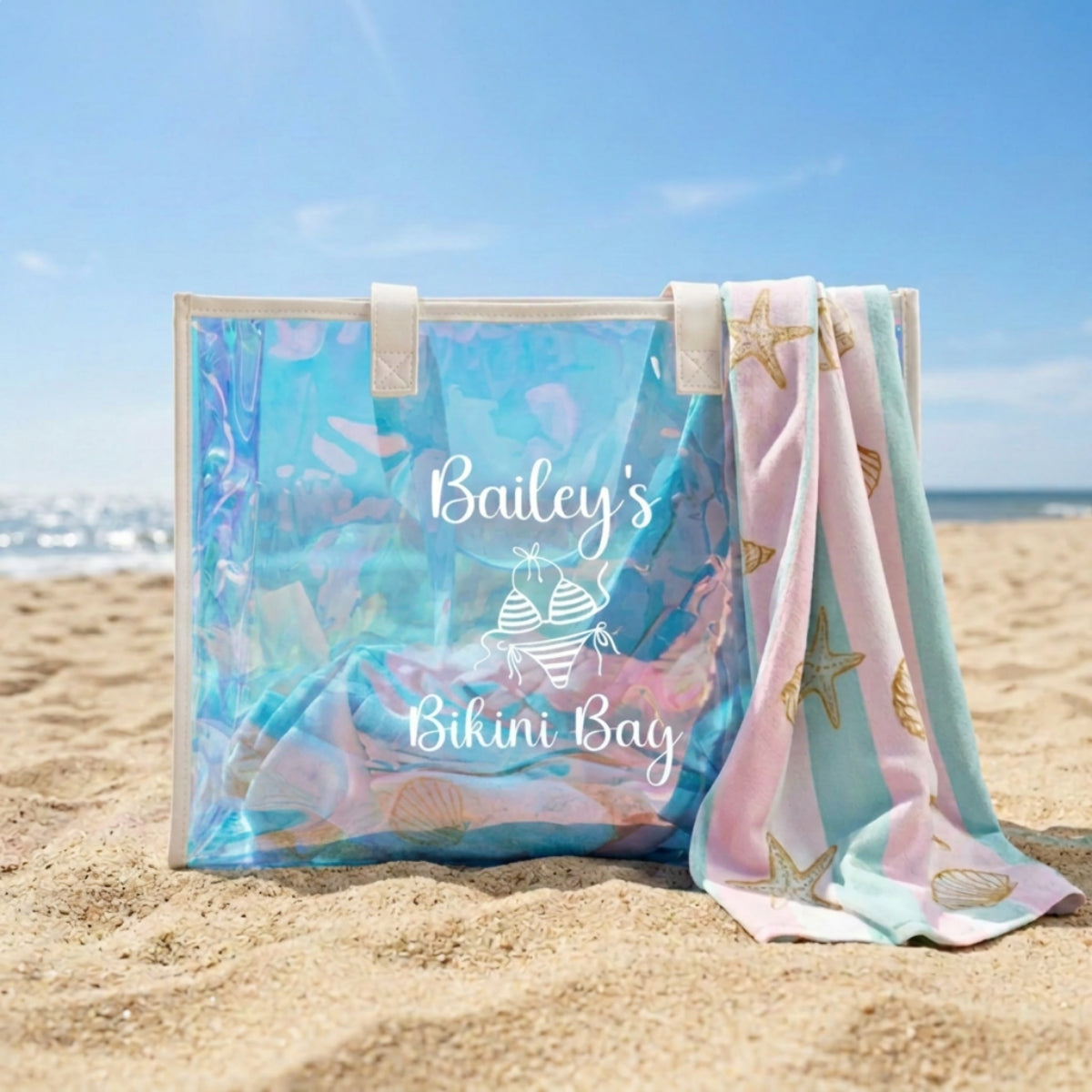 Personalized Holographic Bikini Bag, Custom Beach Tote Bag